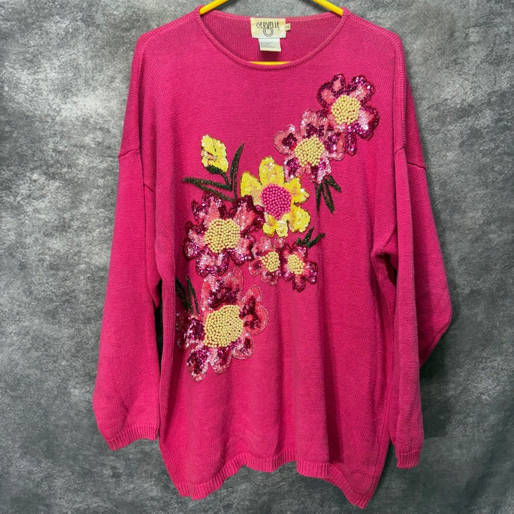 Vintage 90s Cervelle Pink Floral Sequin Pearl Beaded Sweater Size XL Maximalist